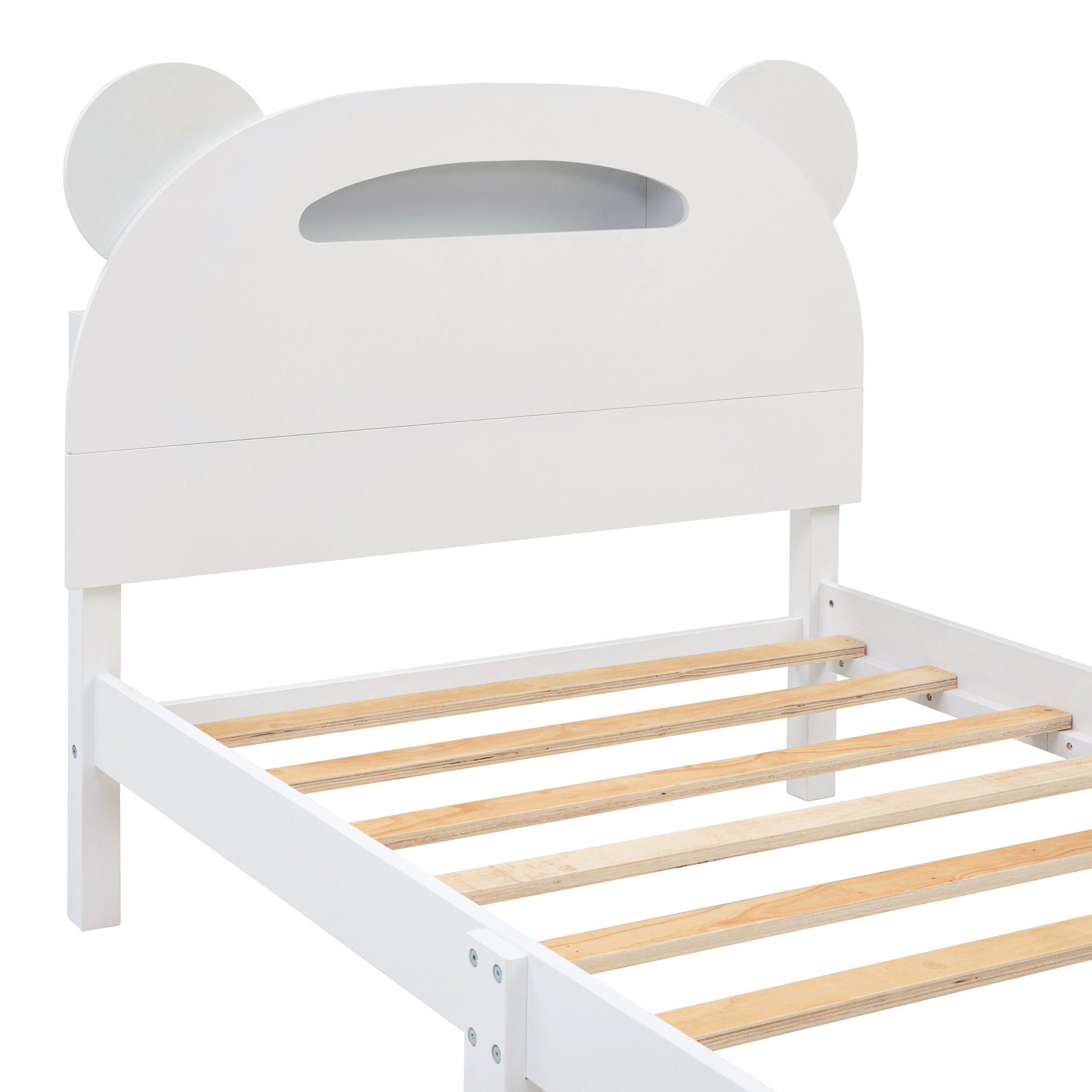 Twin Size Wood Platform Bed With Bear Shaped Headboard,Bed With Motion Activated Night Lights,White White Wood