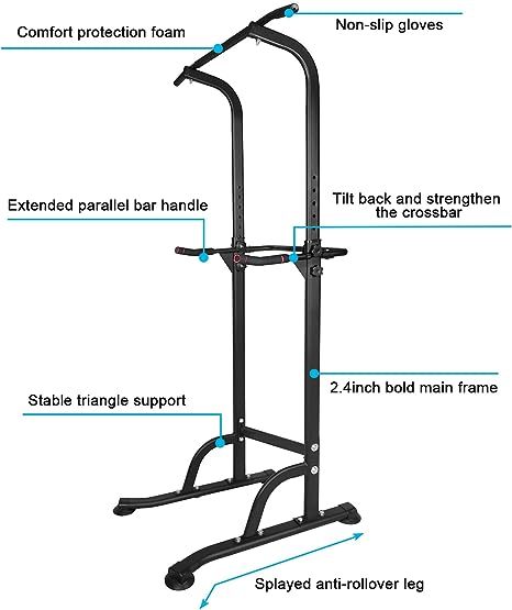 Sport Power Tower Workout Dip Station Pull Up Bar, Height Adjustable Multi Function Dip Stand For Home Gym Strength Training Fitness Equipment Black Iron