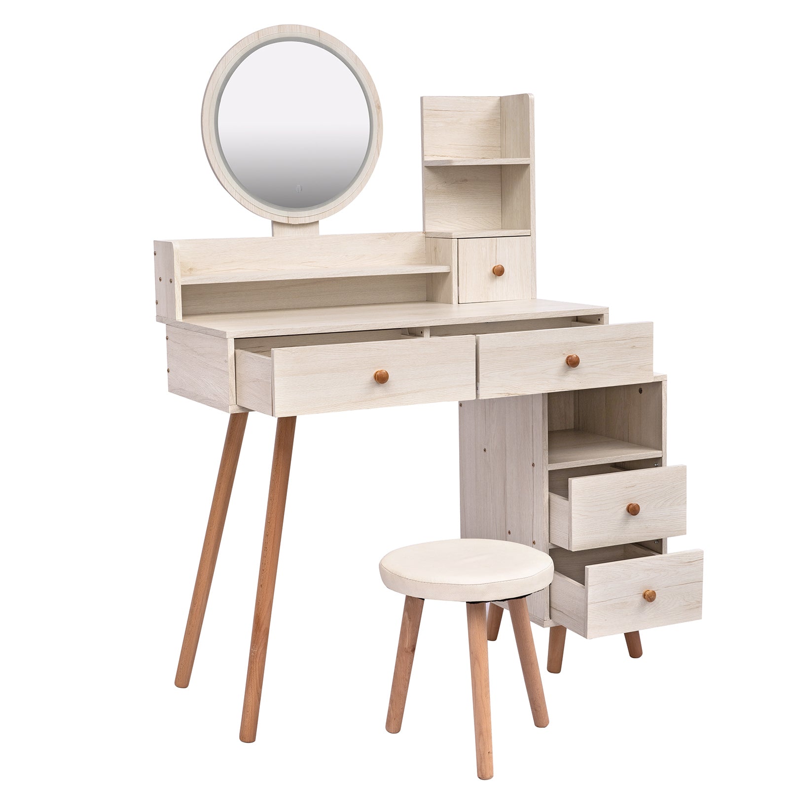 Stylish Vanity Table Cushioned Stool, Touch Control Led Mirror, Large Capacity Storage Cabinet, 5 Drawers, Fashionable Makeup Furniture, Length Adjustable L31.5" 43.2"X W15.8" X H48.1" Ameican White Oak Solid Wood Mdf