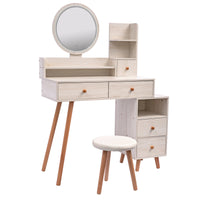 Stylish Vanity Table Cushioned Stool, Touch Control Led Mirror, Large Capacity Storage Cabinet, 5 Drawers, Fashionable Makeup Furniture, Length Adjustable L31.5" 43.2"X W15.8" X H48.1" Ameican White Oak Solid Wood Mdf