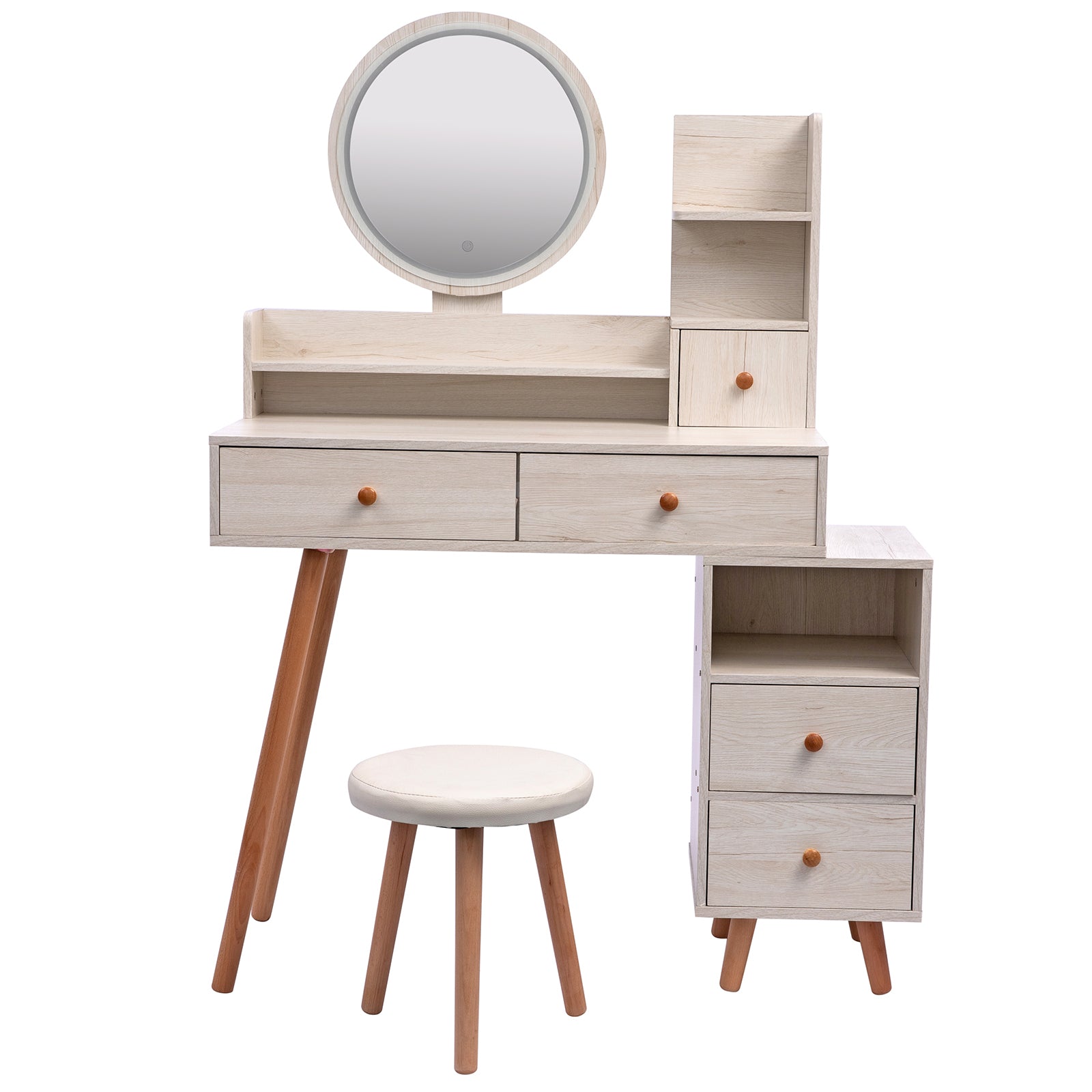 Stylish Vanity Table Cushioned Stool, Touch Control Led Mirror, Large Capacity Storage Cabinet, 5 Drawers, Fashionable Makeup Furniture, Length Adjustable L31.5" 43.2"X W15.8" X H48.1" Ameican White Oak Solid Wood Mdf