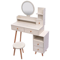 Stylish Vanity Table Cushioned Stool, Touch Control Led Mirror, Large Capacity Storage Cabinet, 5 Drawers, Fashionable Makeup Furniture, Length Adjustable L31.5" 43.2"X W15.8" X H48.1" Ameican White Oak Solid Wood Mdf