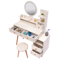 Stylish Vanity Table Cushioned Stool, Touch Control Led Mirror, Large Capacity Storage Cabinet, 5 Drawers, Fashionable Makeup Furniture, Length Adjustable L31.5" 43.2"X W15.8" X H48.1" Ameican White Oak Solid Wood Mdf