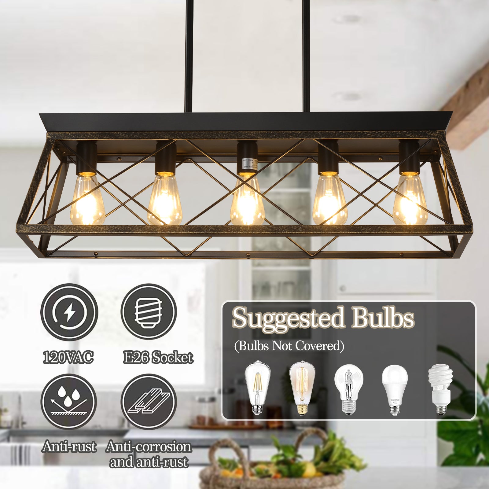 Same As W1340111201 L1007 5 Light Farmhouse Chandeliers For Dining Room, Metal Rustic Pendant Island Light Fixture, Modern Rectangular Island Lights For Kitchen, Living Room Black Gold No Bulbs