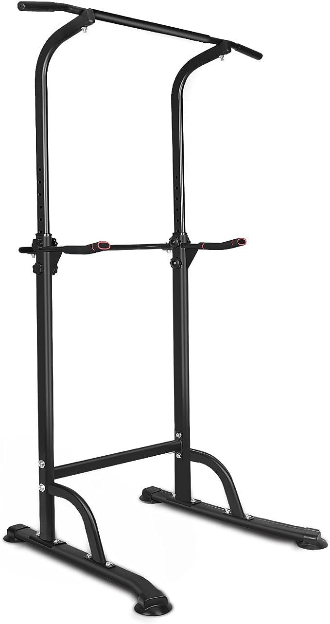 Sport Power Tower Workout Dip Station Pull Up Bar, Height Adjustable Multi Function Dip Stand For Home Gym Strength Training Fitness Equipment Black Iron