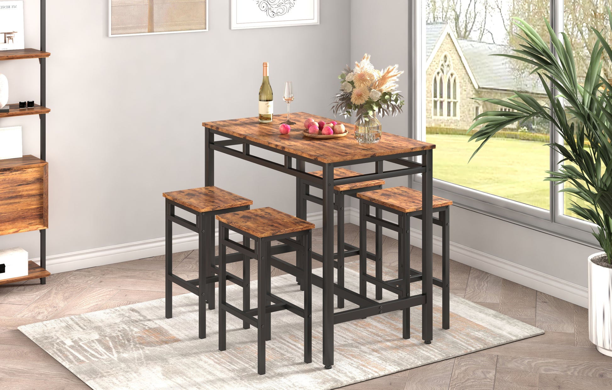 Bar Table Set 5Pc Dinging Table Set With High Stools, Structural Strengthening, Industrial Style. Rustic Brown, 43.31'' L X 23.62'' W X 35.43'' H. Rustic Brown Particle Board