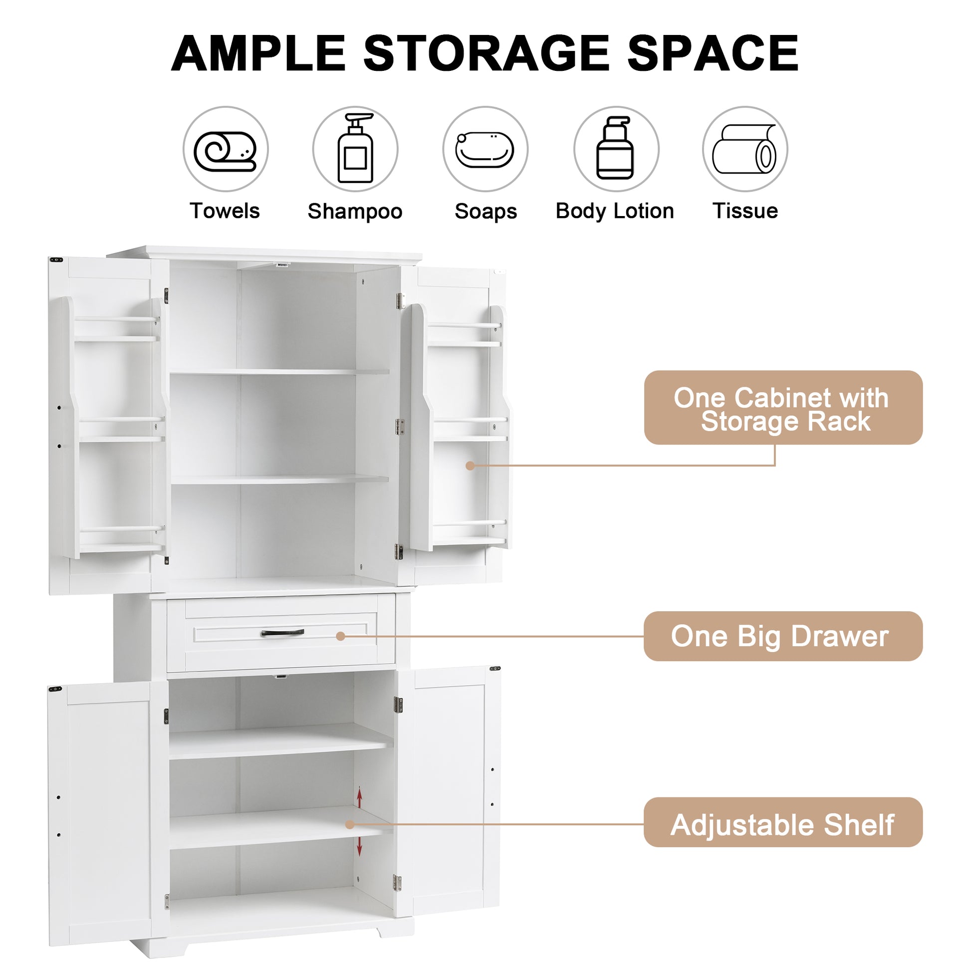 Bathroom Storage Cabinet With Doors And Drawer, Multiple Storage Space, Adjustable Shelf, White White Mdf