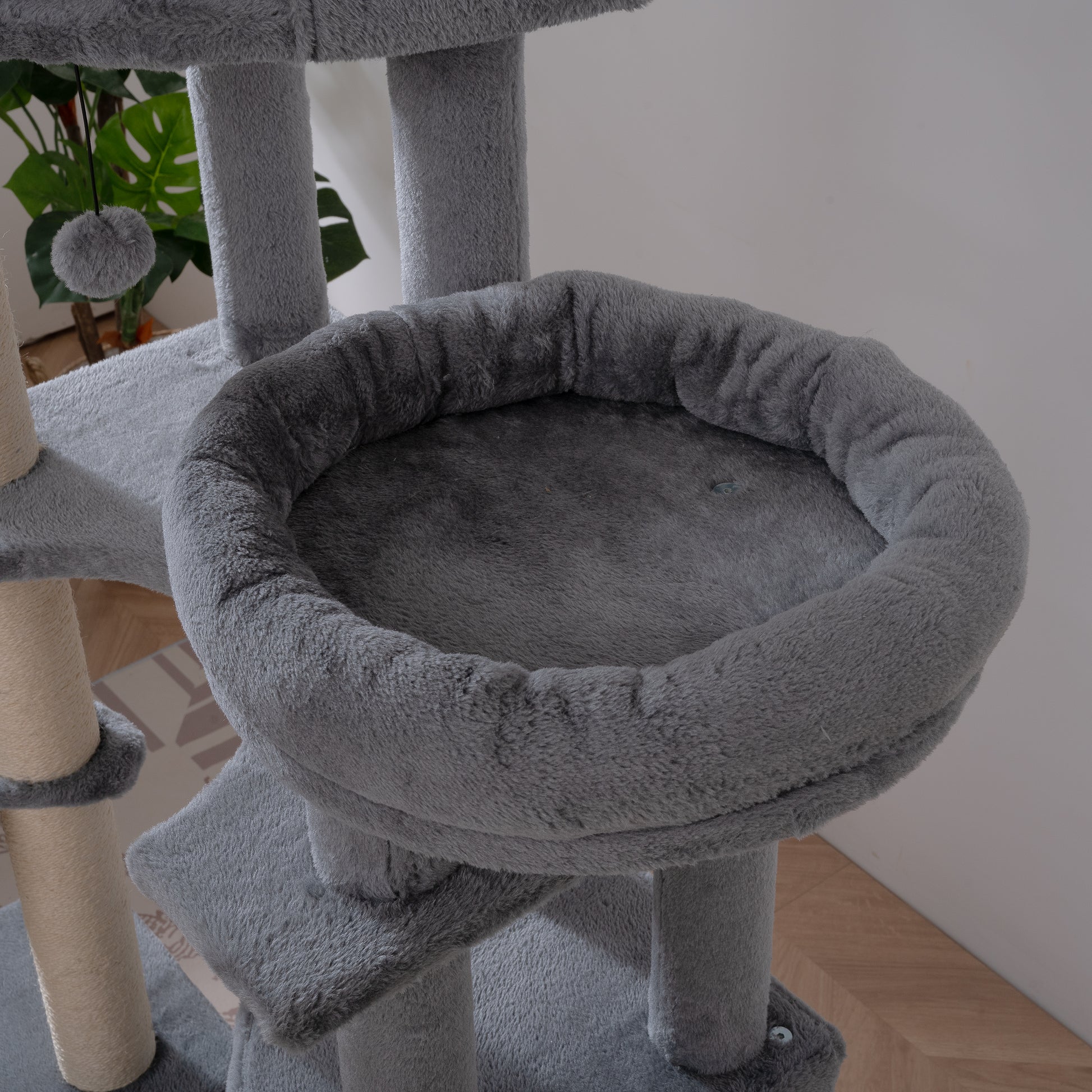 Cat Tree, 105 Inch Cat Tower For Indoor Cats, Plush Multi Level Cat Condo With 3 Perches, 2 Caves, Cozy Basket And Scratching Board, Gray Color Antique Gray Mdf