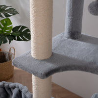 Cat Tree, 105 Inch Cat Tower For Indoor Cats, Plush Multi Level Cat Condo With 3 Perches, 2 Caves, Cozy Basket And Scratching Board, Gray Color Antique Gray Mdf