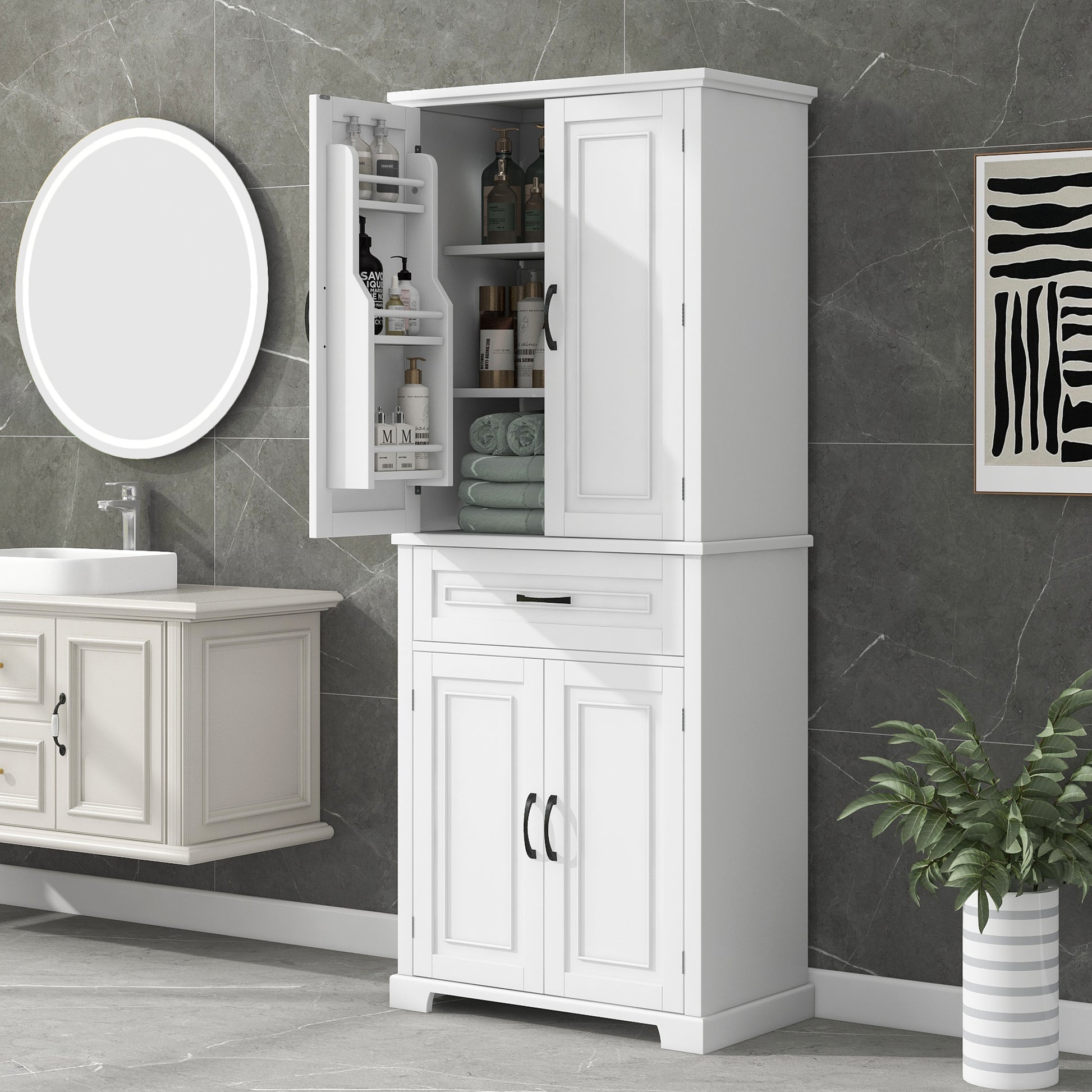 Bathroom Storage Cabinet With Doors And Drawer, Multiple Storage Space, Adjustable Shelf, White White Mdf