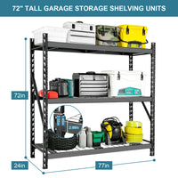 Garage Shelving Heavy Duty 72"H*77"W Garage Storage Shelves 6000Lbs Heavy Duty Shelving Adjustable 3 Tier Metal Shelving For Garage Storage Shelving Industrial Shelving Storage Rack, Black Black Iron