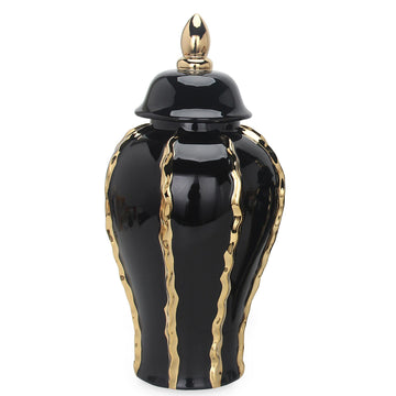 Elegant Black Ceramic Ginger Jar Vase With Gold Accents And Removable Lid Timeless Home Decor Black Ceramic