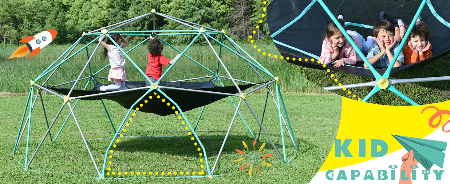 13Ft Geometric Dome Climber Play Center, Kids Climbing Dome Tower With Hammock, Rust & Uv Resistant Steel Supporting 1000 Lbs Green Metal