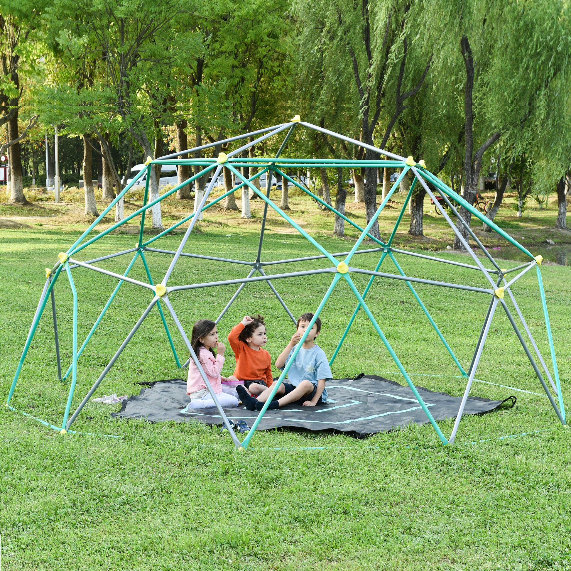 13Ft Geometric Dome Climber Play Center, Kids Climbing Dome Tower With Hammock, Rust & Uv Resistant Steel Supporting 1000 Lbs Green Metal