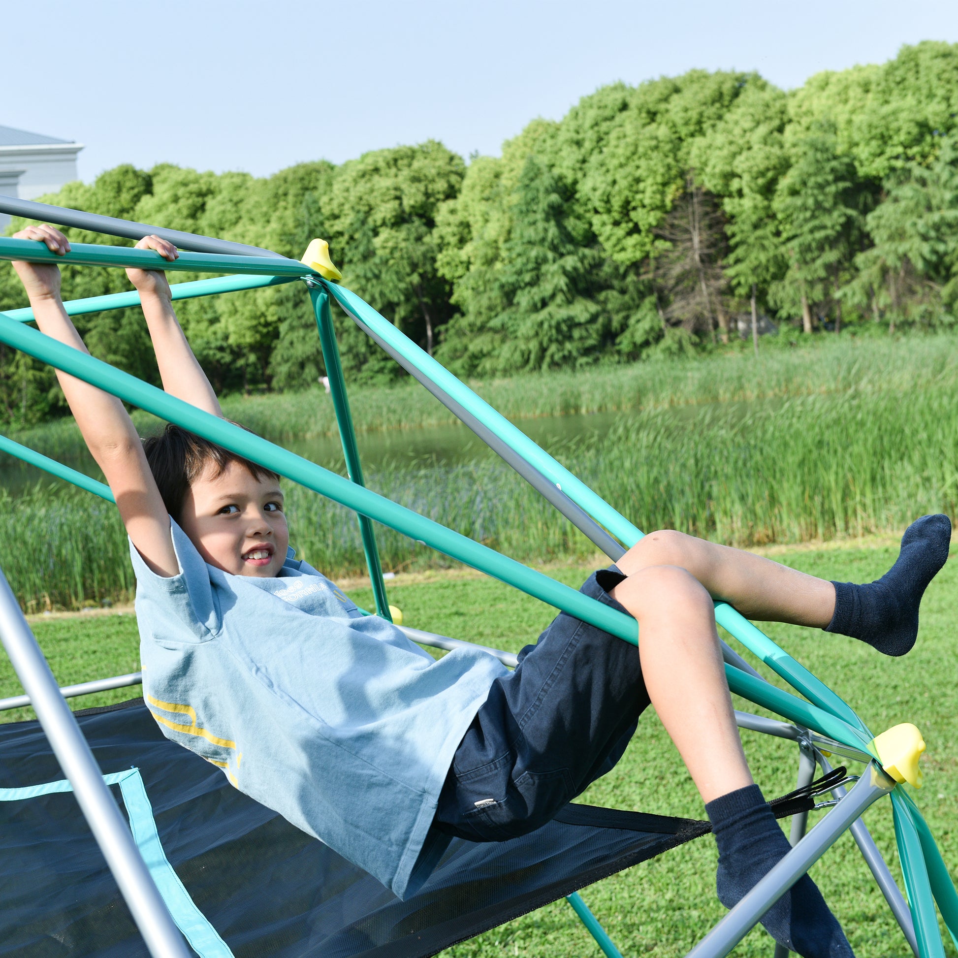 13Ft Geometric Dome Climber Play Center, Kids Climbing Dome Tower With Hammock, Rust & Uv Resistant Steel Supporting 1000 Lbs Green Metal