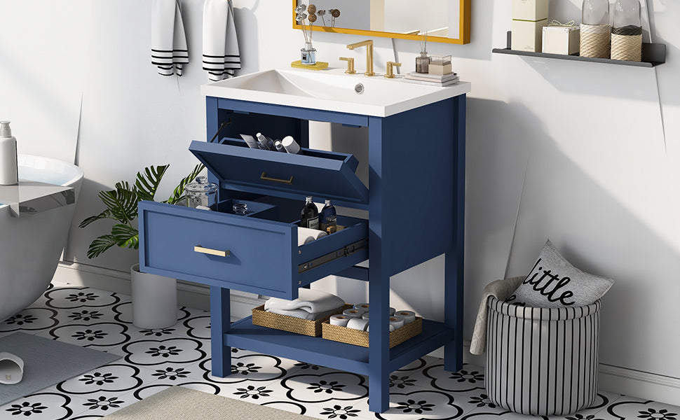 24'' Bathroom Vanity With Top Sink, Modern Bathroom Storage Cabinet With 2 Drawers, Single Sink Bathroom Vanity Blue Mdf