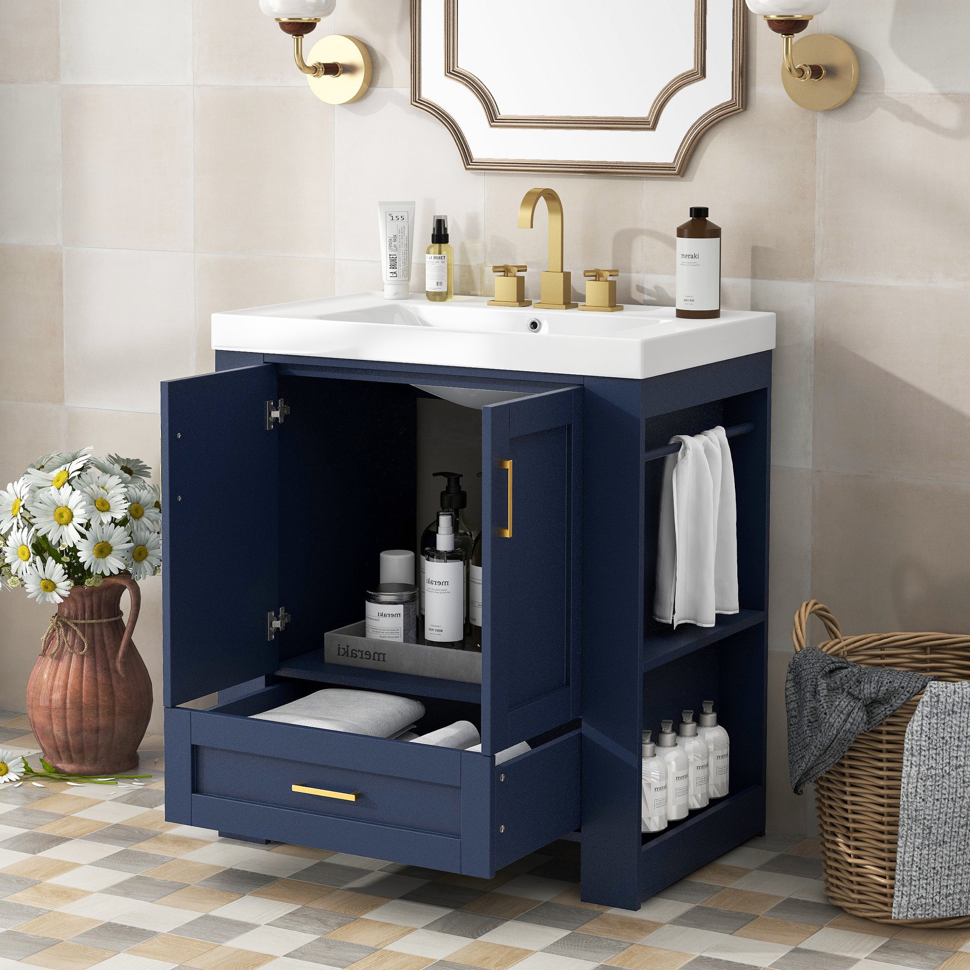 30'' Bathroom Vanity With Seperate Basin Sink, Modern Bathroom Storage Cabinet With Double Sided Storage Shelf, Freestanding Bathroom Vanity Cabinet With Single Sink 1 Blue 2 3 24 To 31 In Soft Close Doors Bathroom Freestanding Modern Mdf Painted