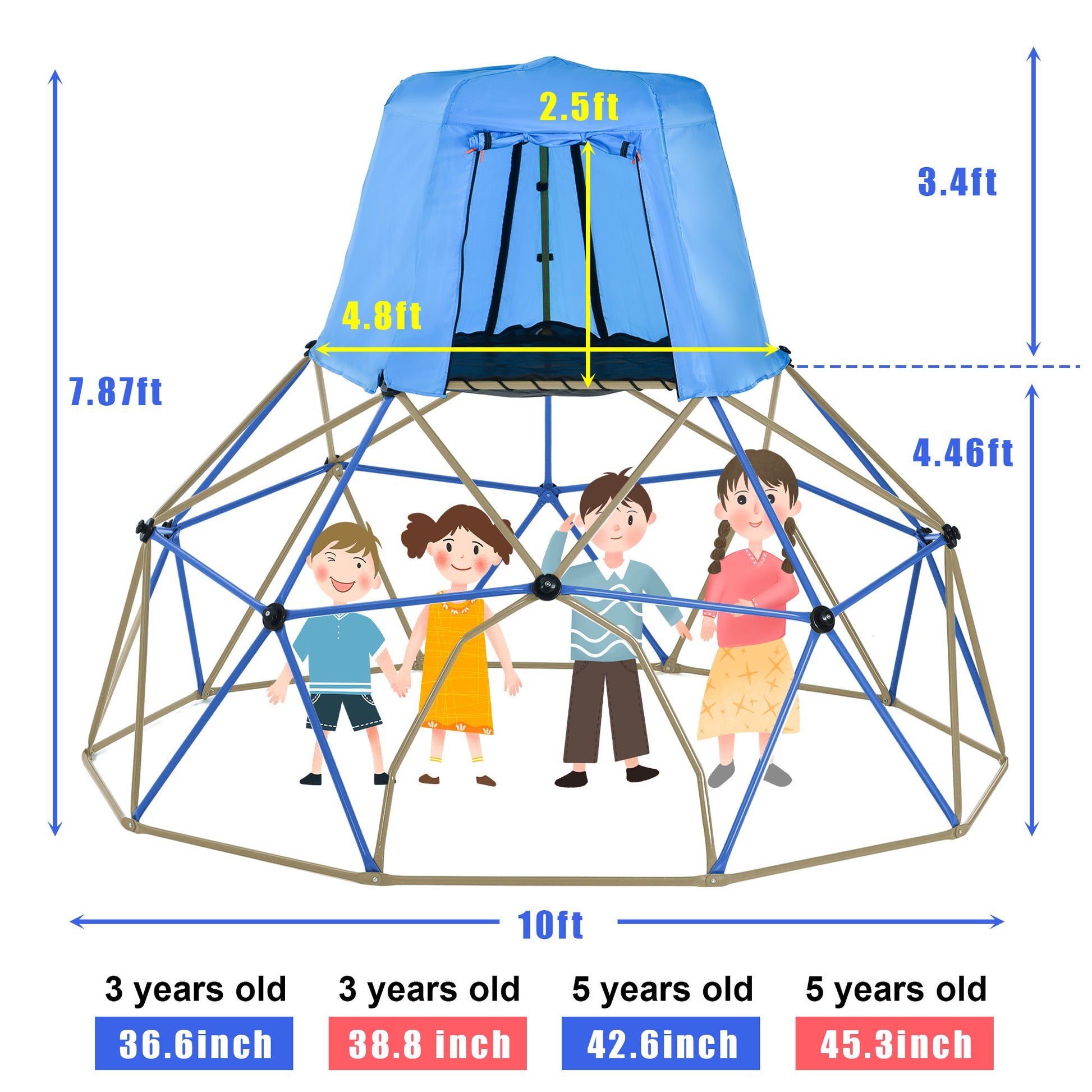 Kids Climbing Dome With Canopy And Playmat 10 Ft Jungle Gym Geometric Playground Dome Climber Play Center, Rust & Uv Resistant Steel Supporting 1000 Lbs Blue Metal Outdoor