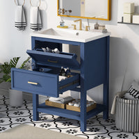 24'' Bathroom Vanity With Top Sink, Modern Bathroom Storage Cabinet With 2 Drawers, Single Sink Bathroom Vanity Blue Mdf