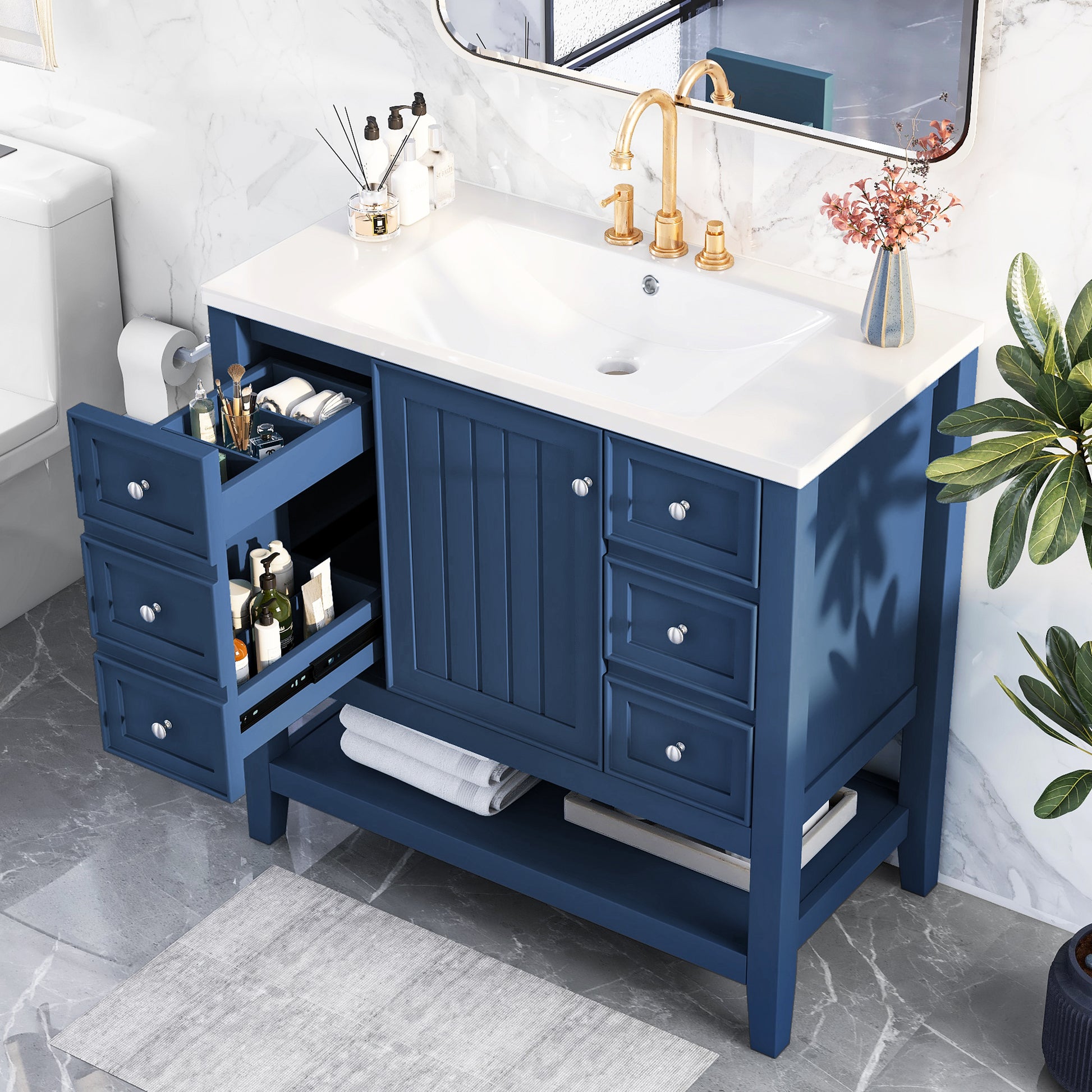 36" Bathroom Vanity With Sink Combo, One Cabinet And Three Drawers, Solid Wood And Mdf Board, Blue Old Sku:Sy999505Aac Blue Solid Wood Mdf