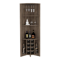 Essential Corner Bar Cabinetthree Shelves, Eight Built In Wine Rack, Two Side Shelves Dark Brown Walnut Particle Board