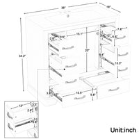 36" Bathroom Vanity With Sink Combo, Six Drawers, Multi Functional Drawer Divider, Adjustable Shelf, Grey Grey Solid Wood Mdf