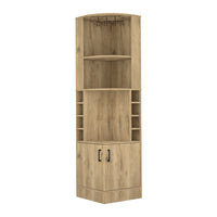 Syrah Corner Bar Cabinet, Eight Bottle Cubbies, Double Door, Two Open Shelves Macadamia Mahogany Particle Board