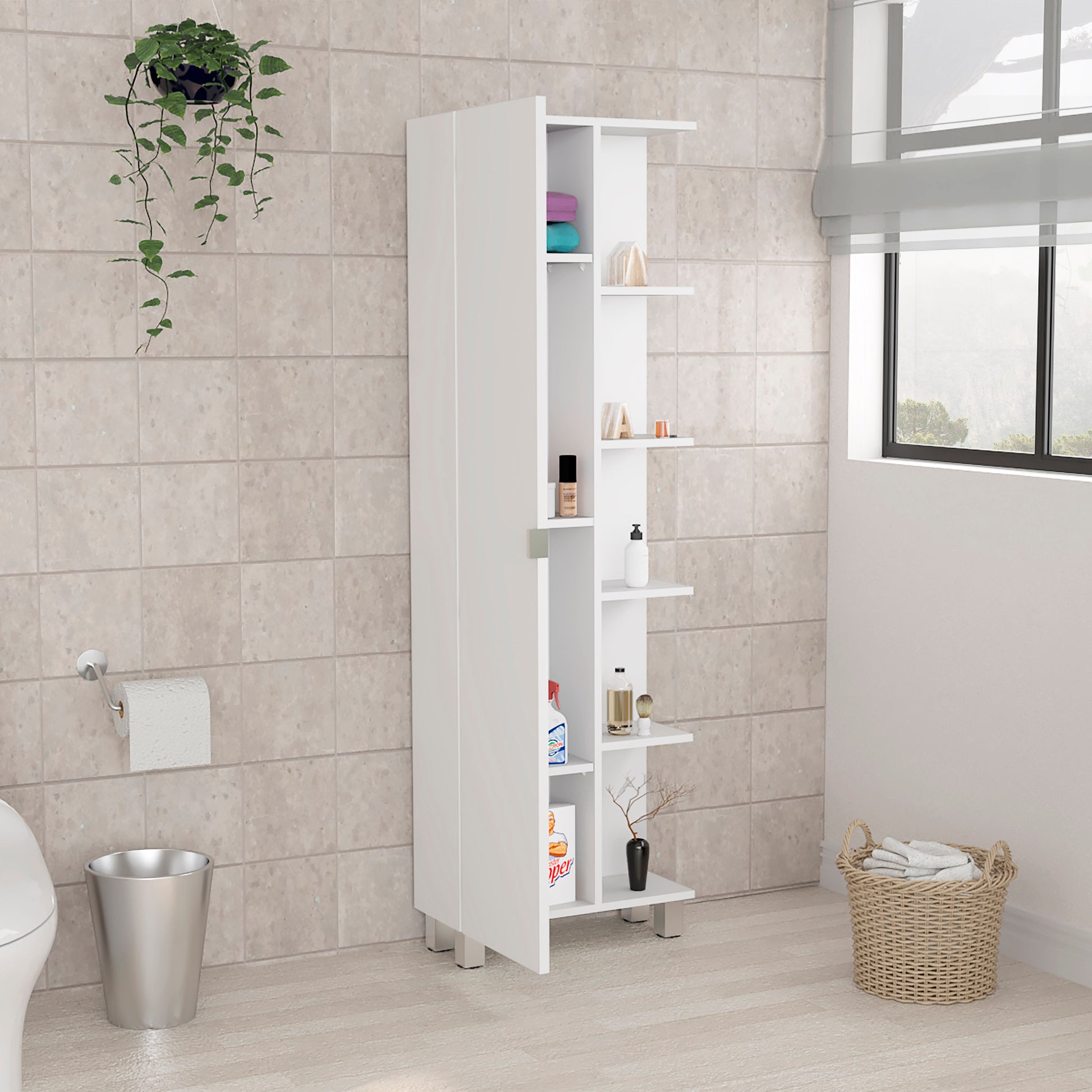 Urano Corner Linen Cabinet, Five External Shelves, Single Door, Four Interior Shelves White White 1 5 Bathroom Freestanding Modern Particle Board Particle Board