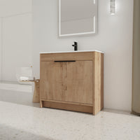 36" Freestanding Bathroom Vanity With White Ceramic Sink & 2 Soft Close Cabinet Doors Kd Packing ,Bvb02436Imo F Bl9090B Imitative Oak 2 Bathroom Freestanding Modern Plywood