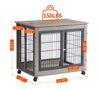 Furniture Dog Cage Crate With Double Doors On Casters. Grey, 31.50'' W X 22.05'' D X 24.8'' H. Grey Particle Board