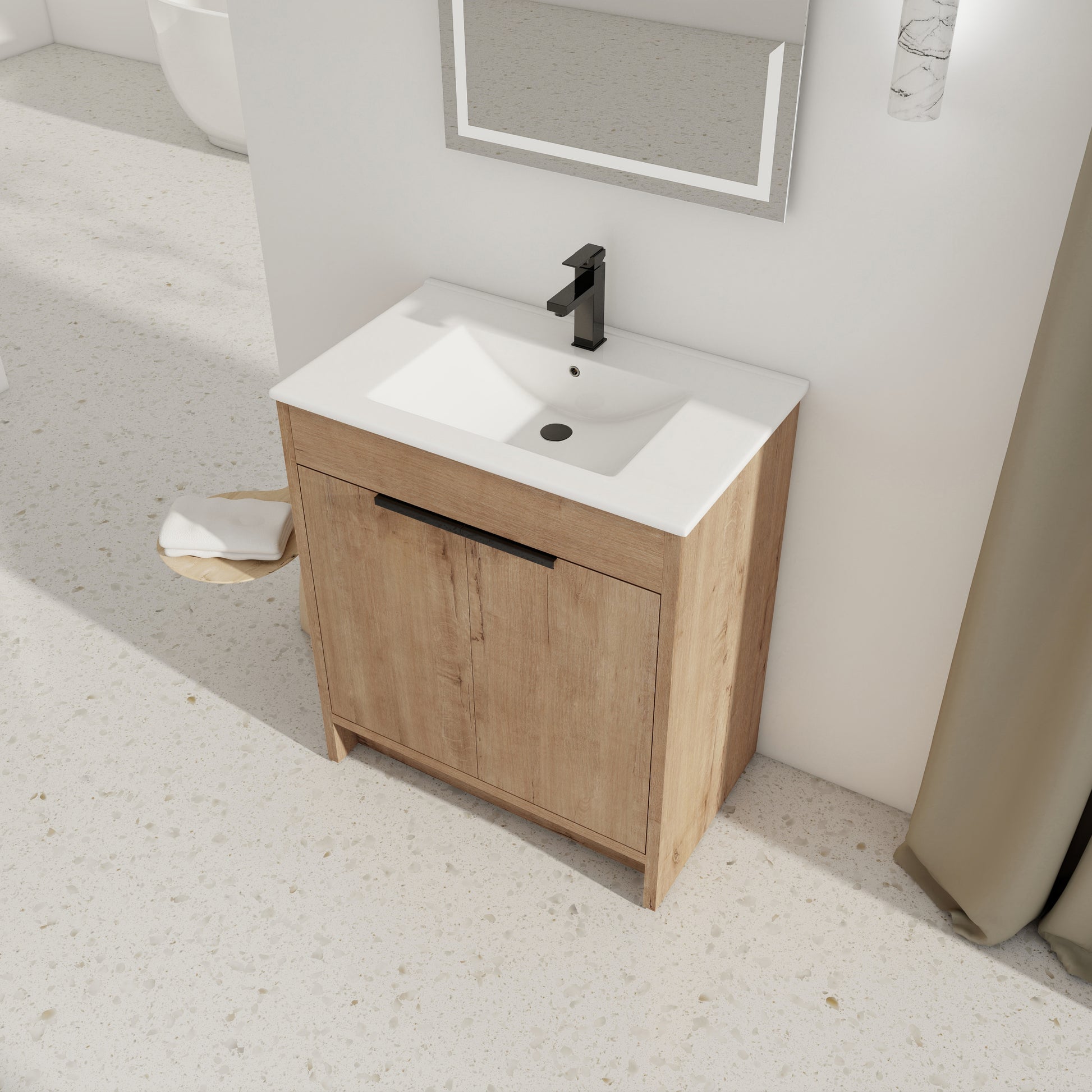 30" Freestanding Bathroom Vanity With White Ceramic Sink & 2 Soft Close Cabinet Doors Kd Packing ,Bvb02430Imo Bl9075B Imitative Oak 2 Bathroom Freestanding Modern Plywood