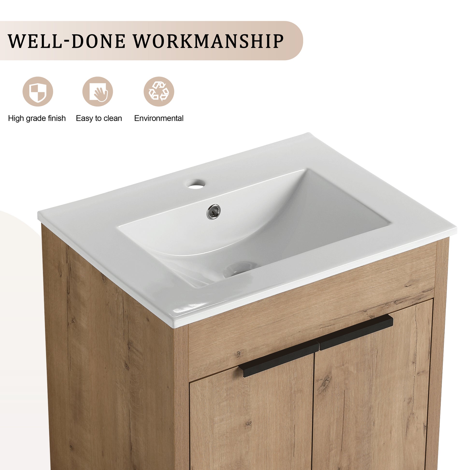 24" Freestanding Bathroom Vanity With White Ceramic Sink & 2 Soft Close Cabinet Doors Kd Packing ,Bvb02424Imo G Bl9060B Imitative Oak 2 Bathroom Freestanding Modern Plywood