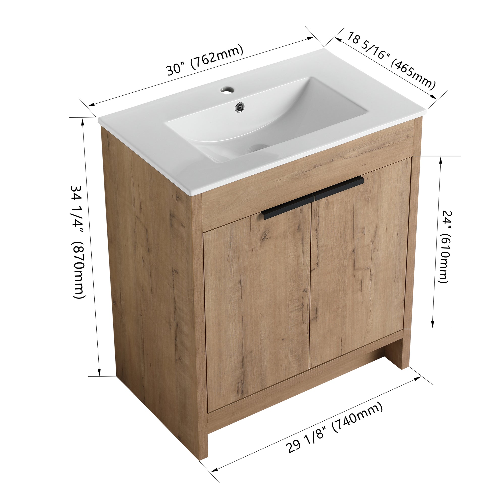 30" Freestanding Bathroom Vanity With White Ceramic Sink & 2 Soft Close Cabinet Doors Kd Packing ,Bvb02430Imo Bl9075B Imitative Oak 2 Bathroom Freestanding Modern Plywood