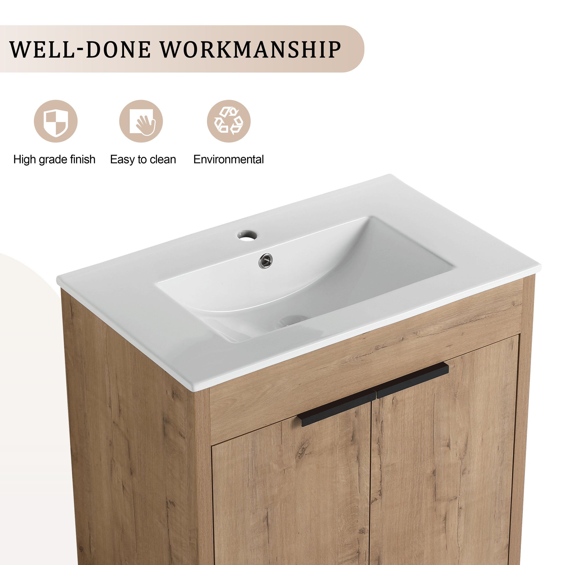 30" Freestanding Bathroom Vanity With White Ceramic Sink & 2 Soft Close Cabinet Doors Kd Packing ,Bvb02430Imo Bl9075B Imitative Oak 2 Bathroom Freestanding Modern Plywood