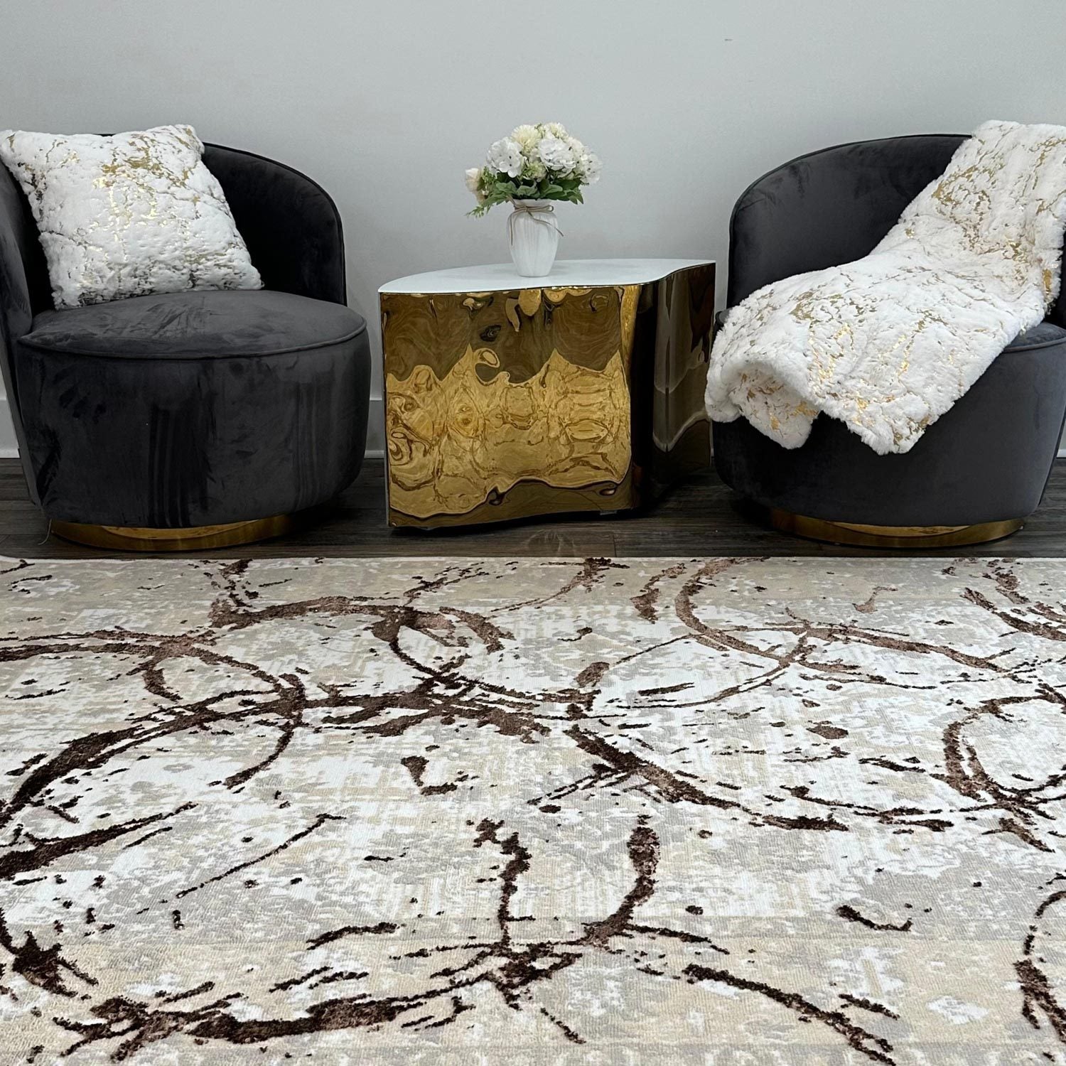 Penina Luxury Area Rug In Beige And Gray With Bronze Circles Abstract Design Multicolor Polyester