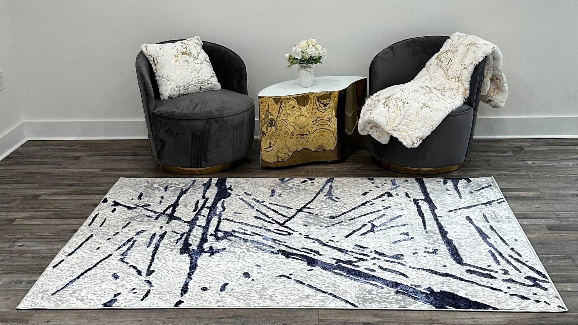 Shifra Luxury Area Rug In Gray With Silver Abstract Design Multicolor Polyester