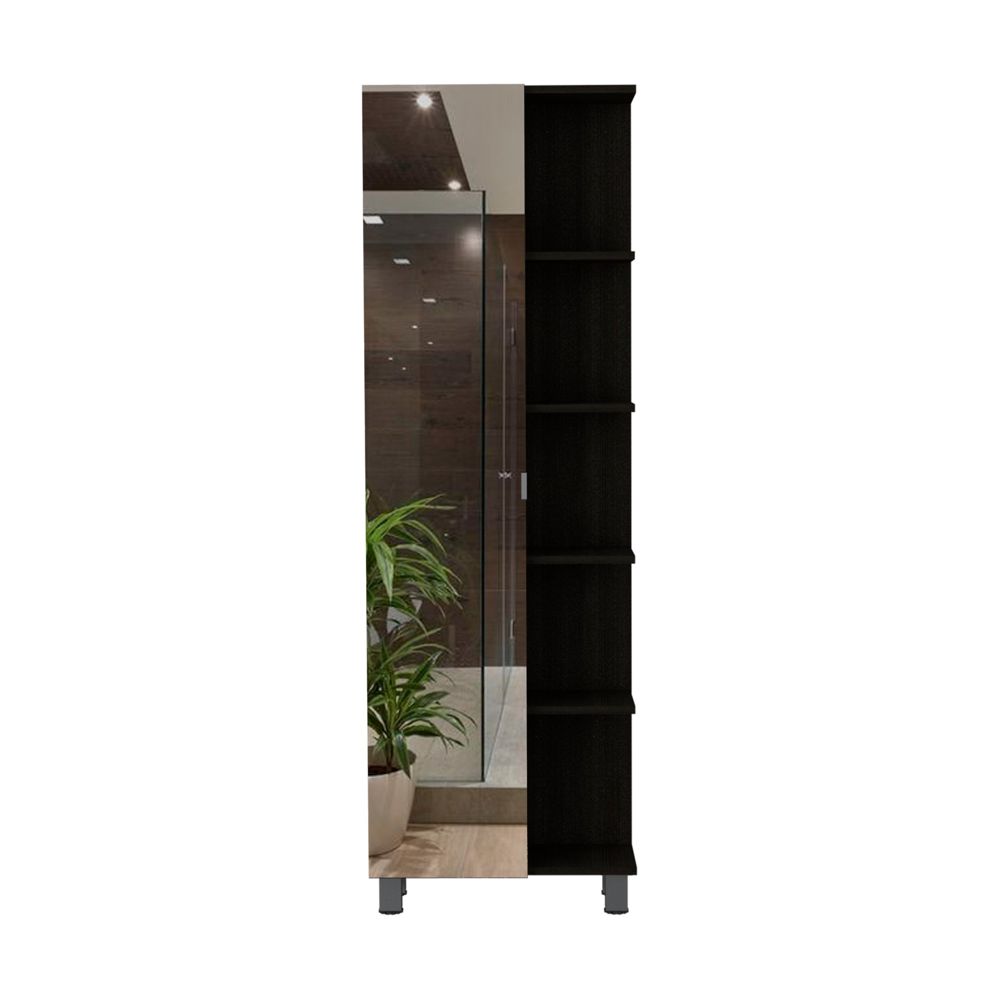 Mirror Linen Cabinet Reno,Four Interior Shelves, Black Wengue Finish Black Particle Board