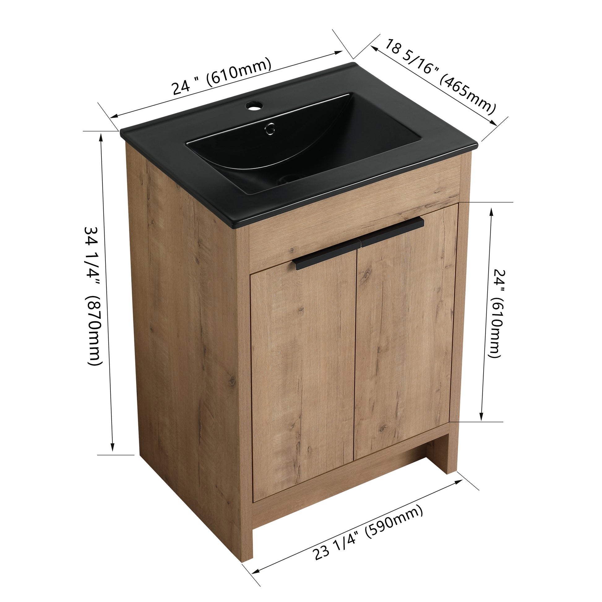 24" Freestanding Bathroom Vanity With Black Ceramic Sink & 2 Soft Close Cabinet Doors Kd Packing Imitative Oak 2 Freestanding Plywood