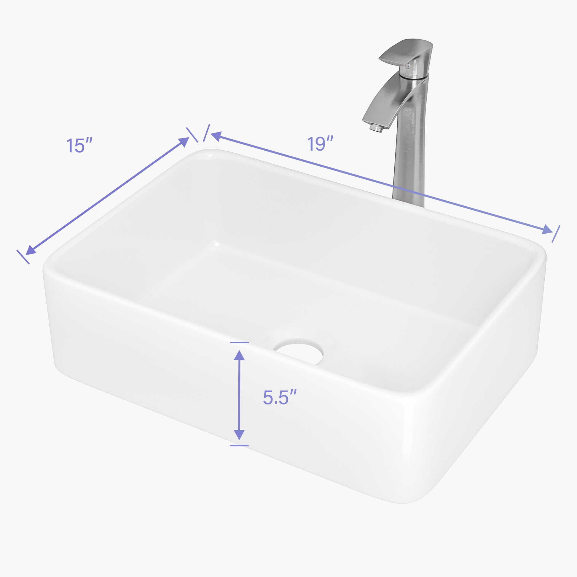 19"x15" Rectangle Vessel Bathroom Sink and Brushed white-ceramic