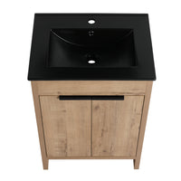 24" Freestanding Bathroom Vanity With Black Ceramic Sink & 2 Soft Close Cabinet Doors Kd Packing Imitative Oak 2 Freestanding Plywood