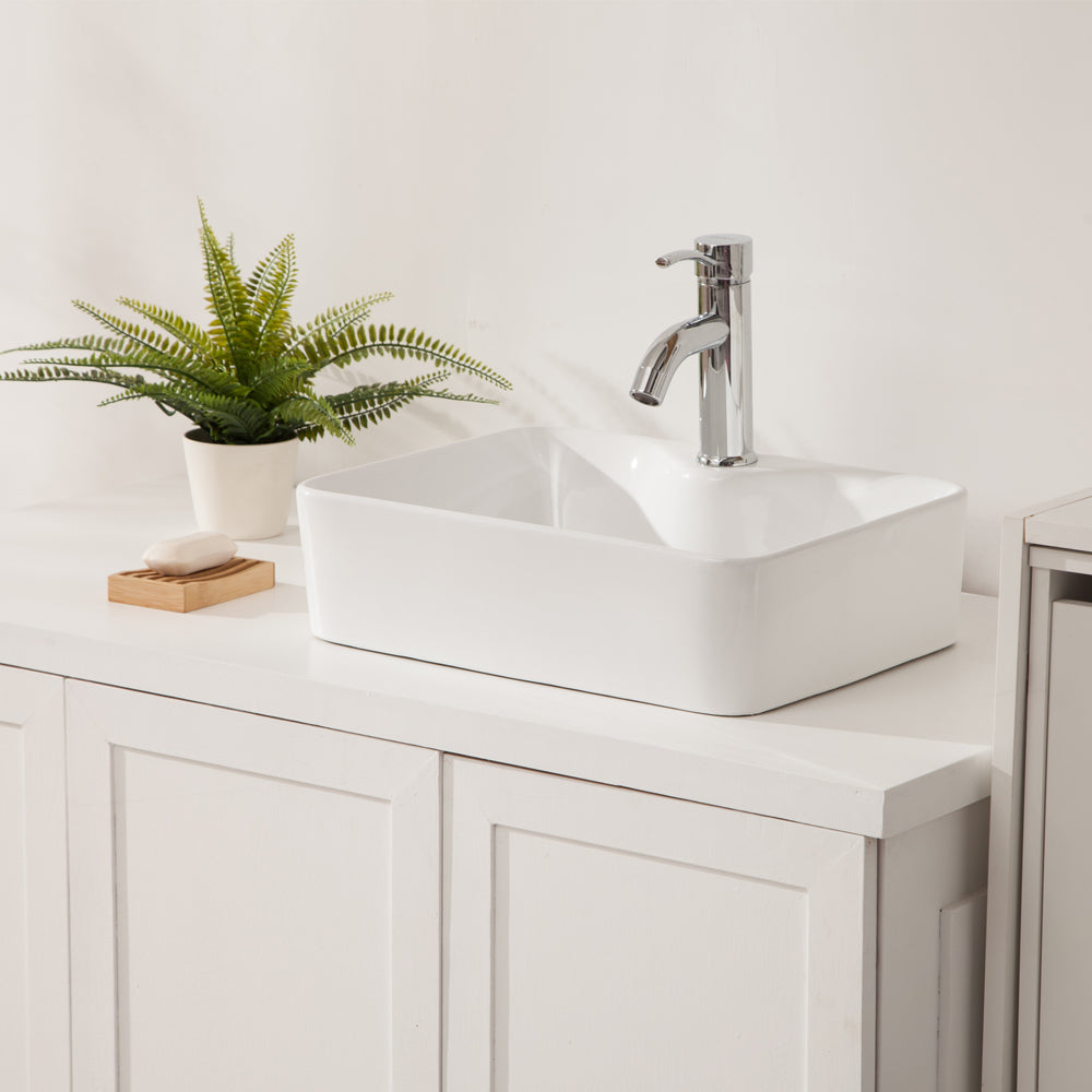 19"x15" White Ceramic Rectangular Vessel Bathroom Sink white-ceramic