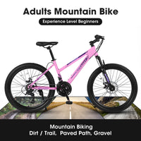 S26103 26 Inch Mountain Bike For Teenagers Girls Women, Shimano 21 Speeds With Dual Disc Brakes And 100Mm Front Suspension, White Pink Pink Steel