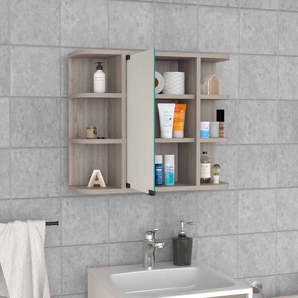 Medicine Cabinet Milano, Six External Shelves Mirror, Light Gray Finish Light Gray Particle Board