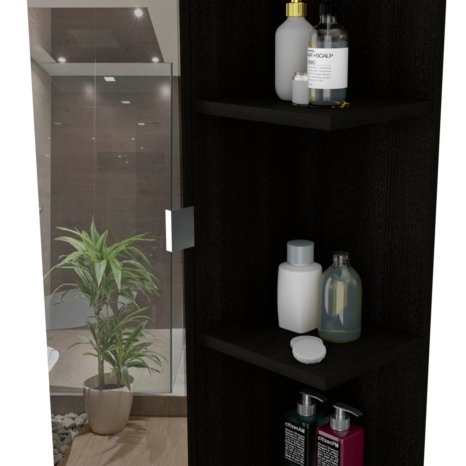 Mirror Linen Cabinet Reno,Four Interior Shelves, Black Wengue Finish Black Particle Board