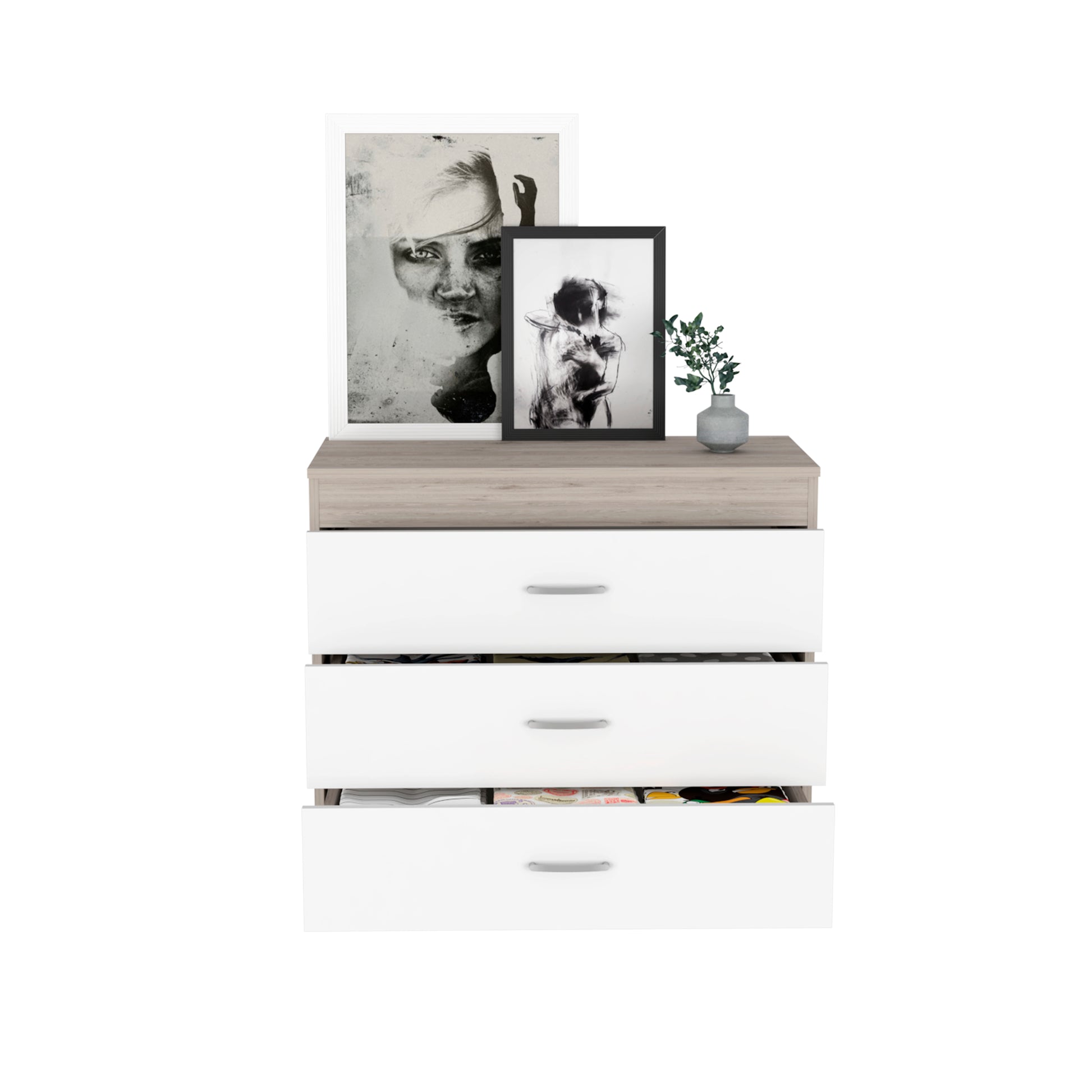 Three Drawer Dresser Lial, Superior Top, Metal Hardware, Light Gray White Finish Light Gray Particle Board