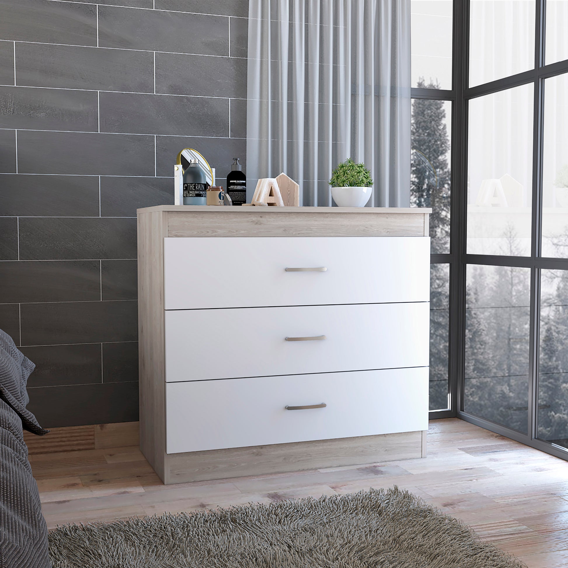 Three Drawer Dresser Lial, Superior Top, Metal Hardware, Light Gray White Finish Light Gray Particle Board