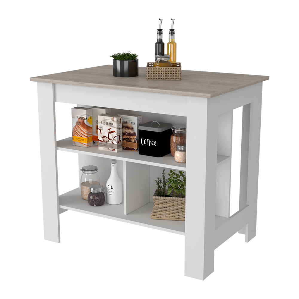 Kitchen Island Antibacterial Dozza, Three Shelves, Light Gray White Finish Light Gray Particle Board