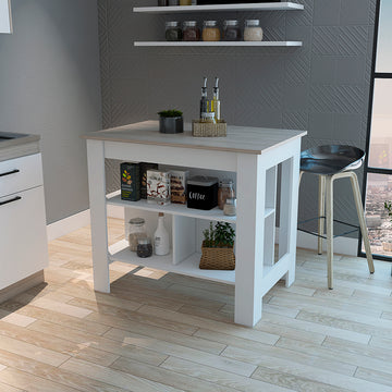 Kitchen Island Antibacterial Dozza, Three Shelves, Light Gray White Finish Light Gray Particle Board