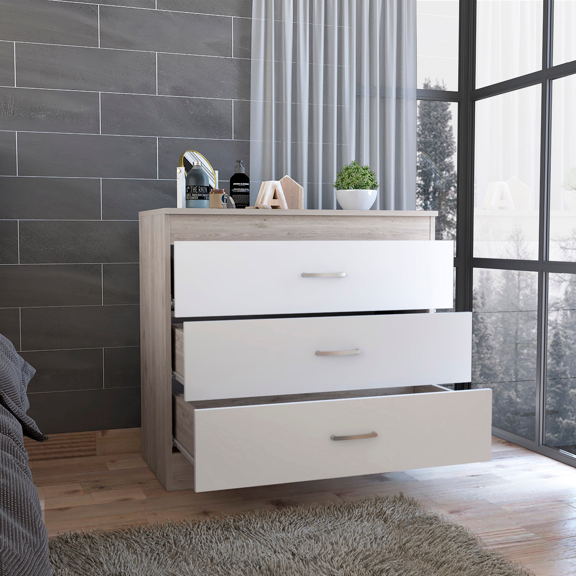 Three Drawer Dresser Lial, Superior Top, Metal Hardware, Light Gray White Finish Light Gray Particle Board