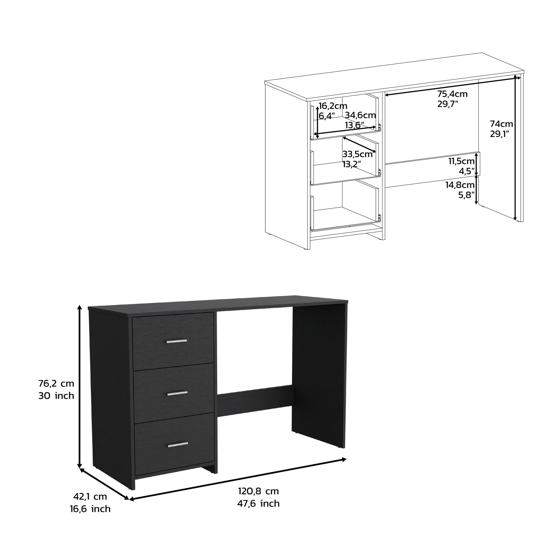 Writting Desk Riverside,Three Drawers, Black Wengue Finish Black Particle Board